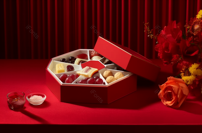 春节美食老北京特色小吃礼盒花朵红色背景,高清,摄影图,摄影图片,图片大全,摄影图免费下载